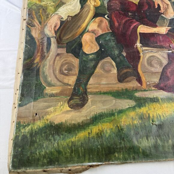Antique Painting Damaged 36”x30” Portrait Of Courting Couple w Harp - Castle - Picture 8 of 9